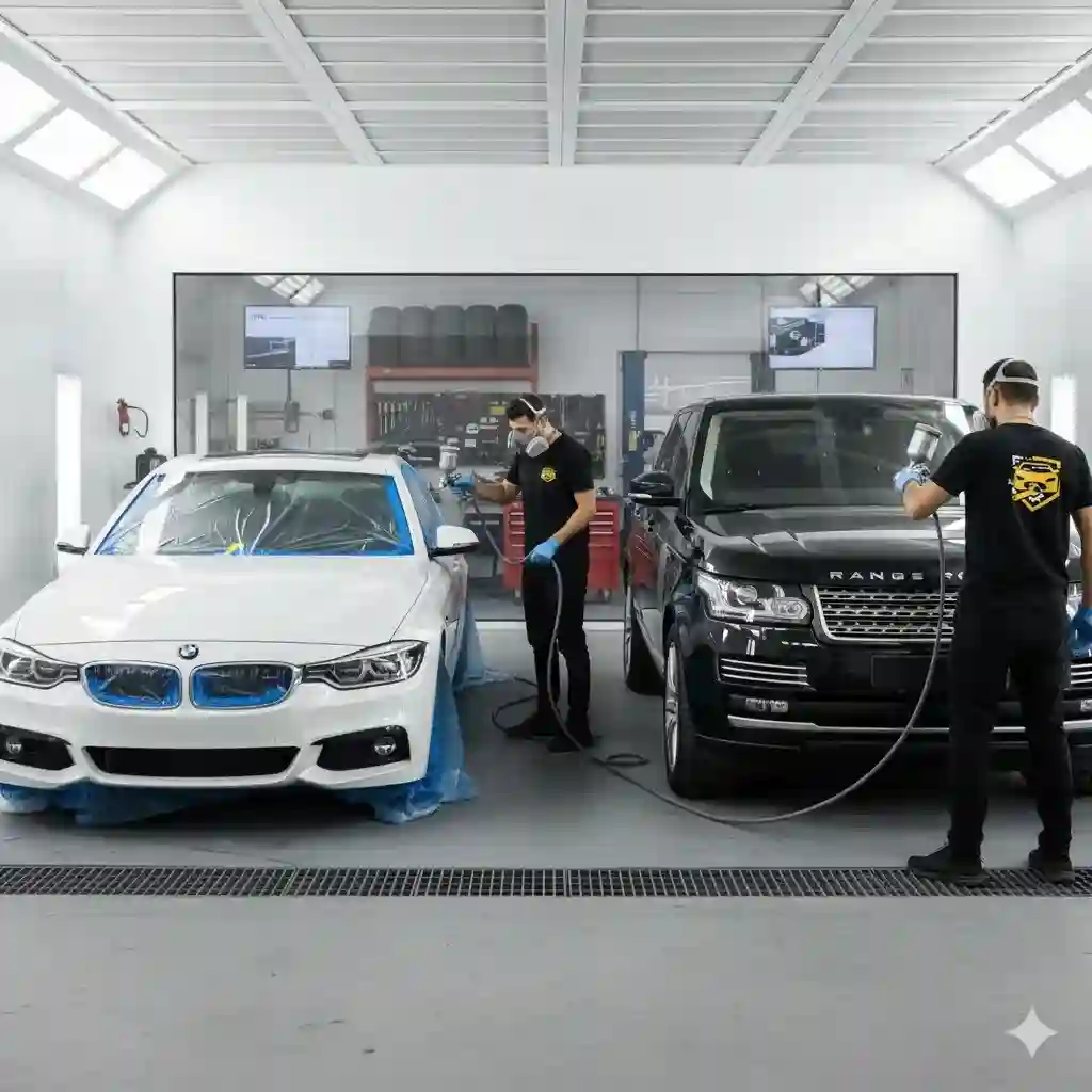 Two car technicians painting a vehicle at Akalashni Kov auto workshop in Abu Dhabi