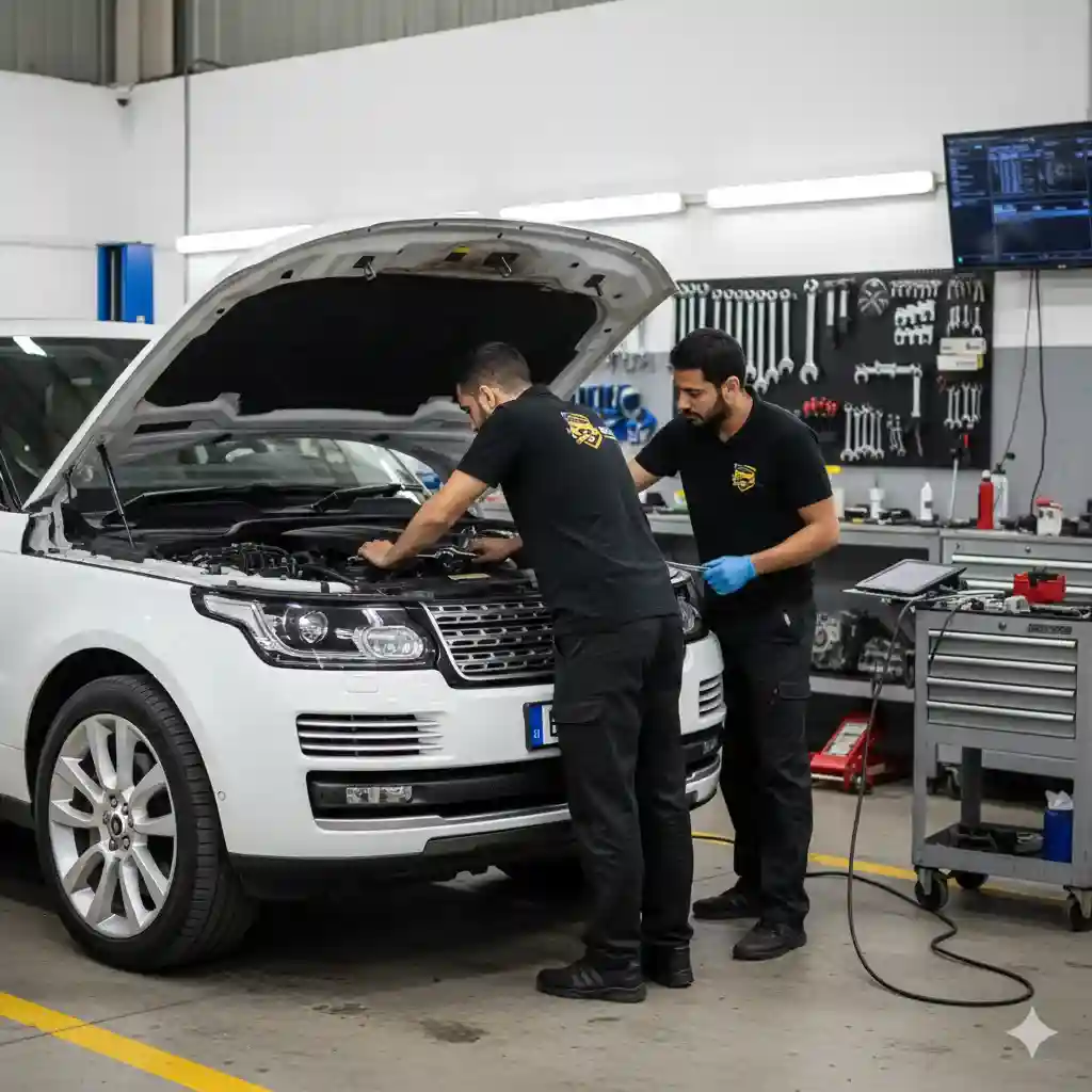 Two car mechanics repairing a car engine at Akalashni Kov auto workshop in Abu Dhabi