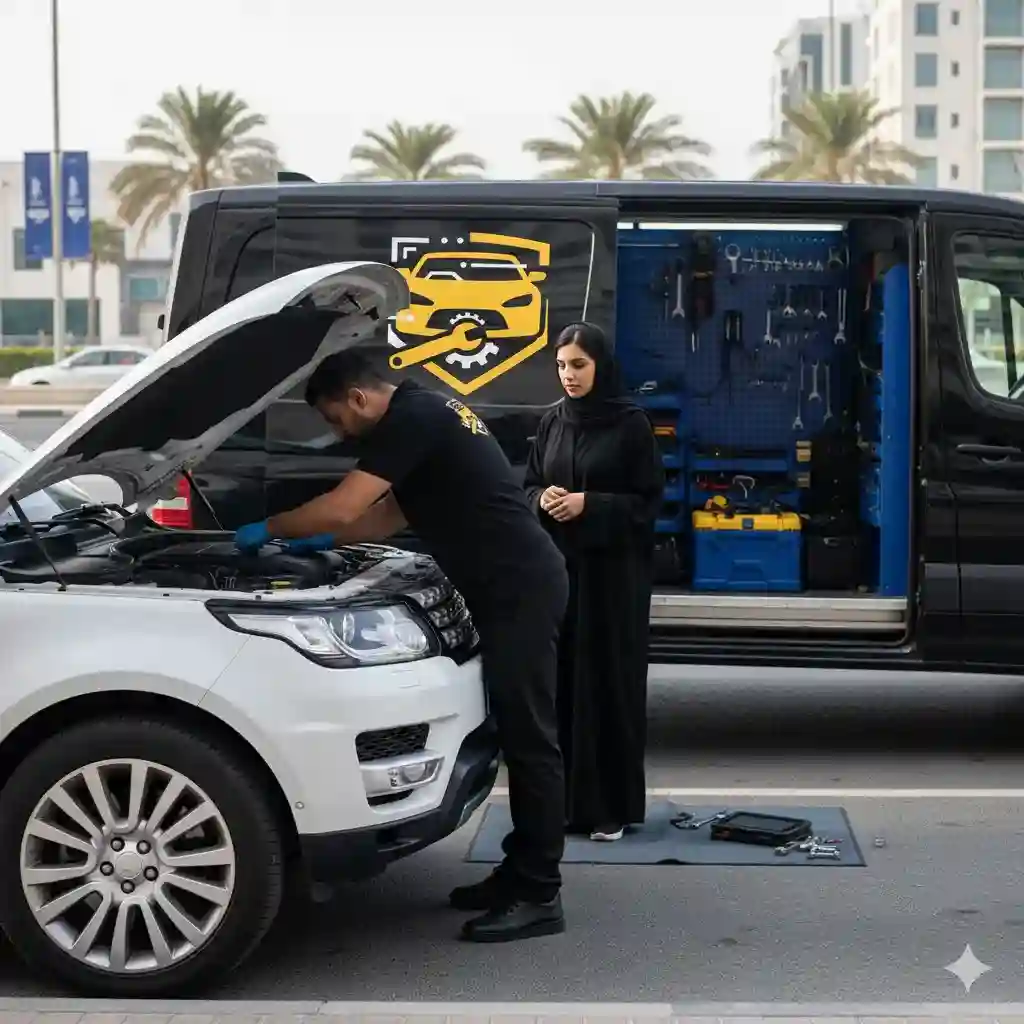 Mobile car mechanic repairing a vehicle on the road while an Arabic female owner in abaya watches in Abu Dhabi