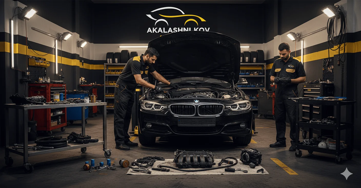 Technician performing accident repair on a damaged car at Akalashni Kov auto garage in Abu Dhabi