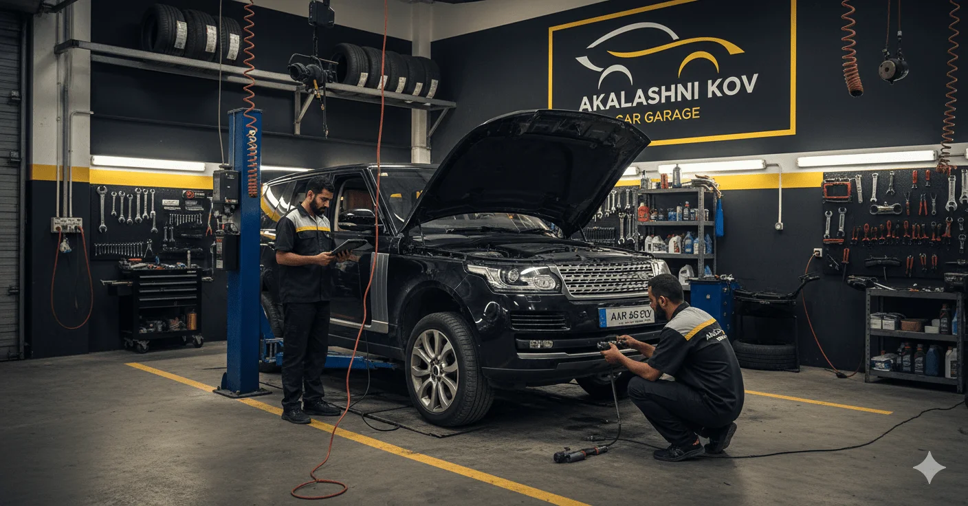 Two technicians repairing a car engine at Akalashni Kov garage in Abu Dhabi