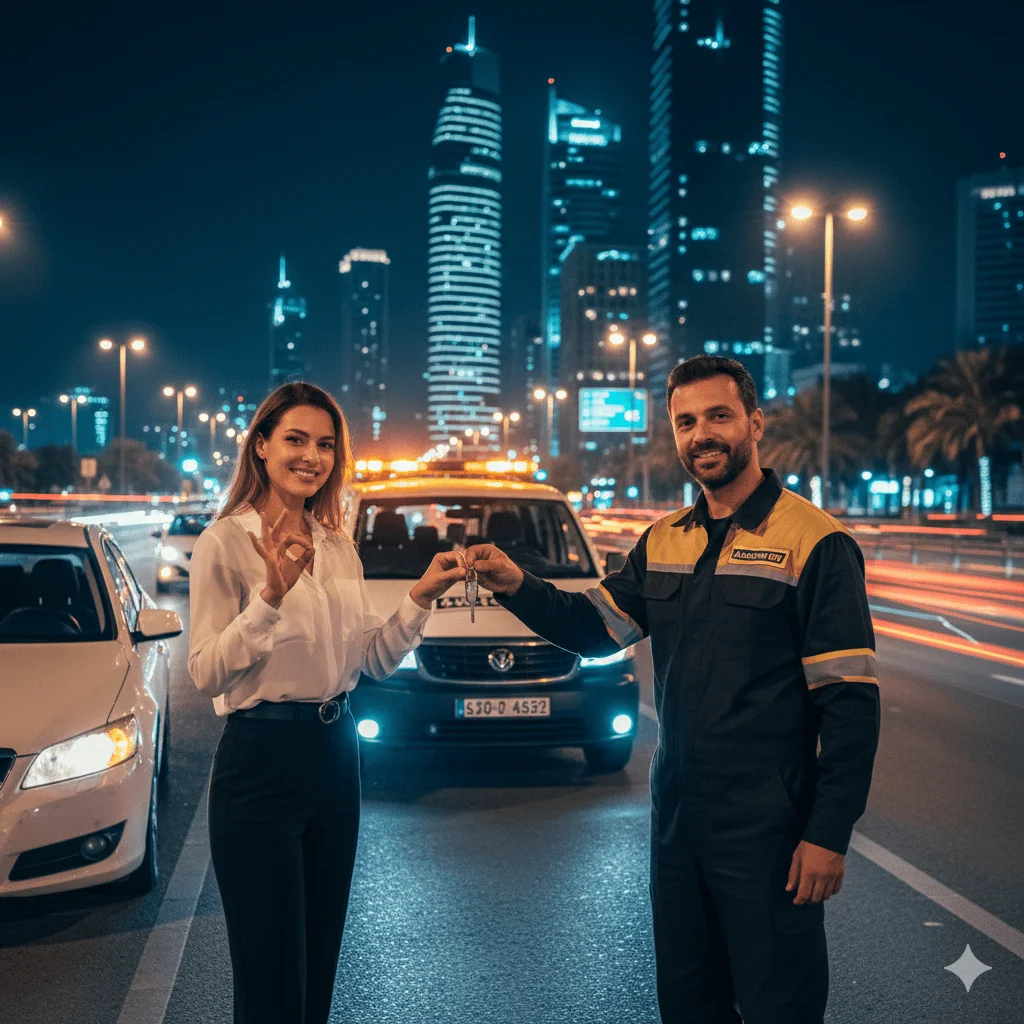 Technician repairing a car on the road while a happy female customer stands nearby in Abu Dhabi